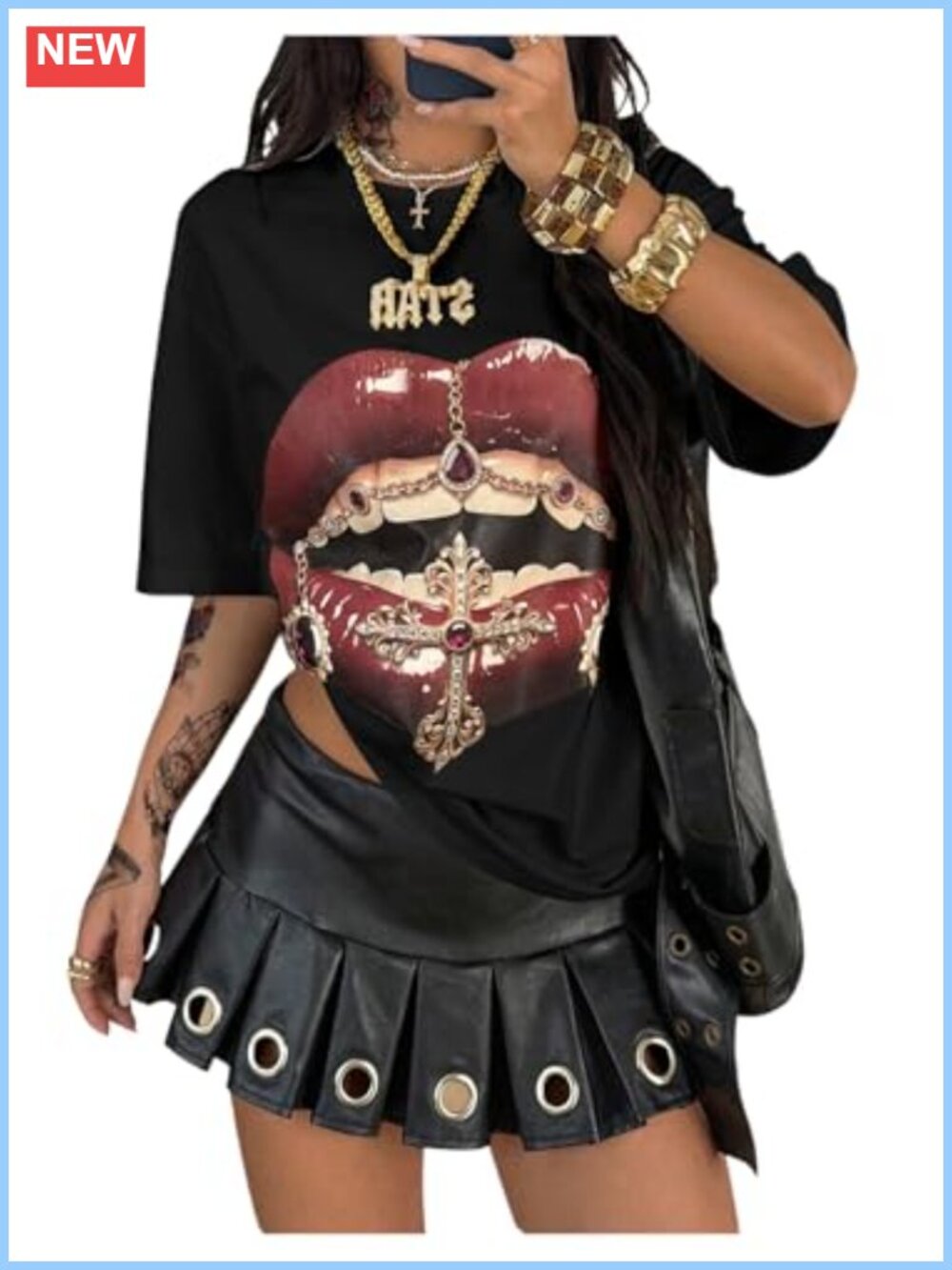 Women's Lips Print Graphic T Shirt Loose Fit Half Sleeve Round Neck